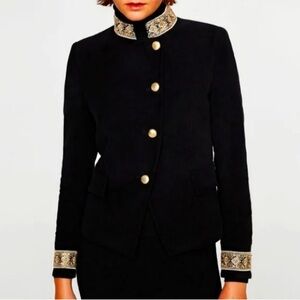 Zara Basic Black Embroidered Military Jacket Gold Trim Blazer M